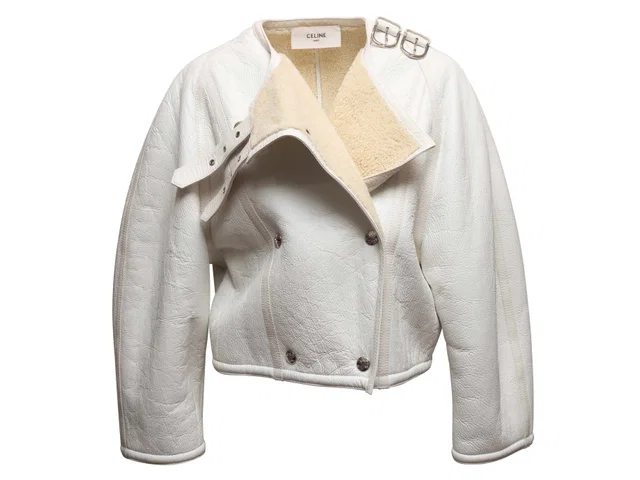 White Celine Double-Breasted Shearling Jacket Size US 6 in White from Designer Revival