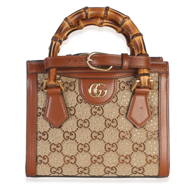 Gucci Brown New Canvas Charisma Calfskin Crystal GG Monogram Mini Diana Tote in Brown Calfskin from myGemma