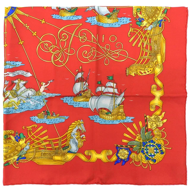 Hermès 90 Iles de Lumiere Scarf Red/Gold/Multicolor in Red Silk from VINTAGE QOO TOKYO