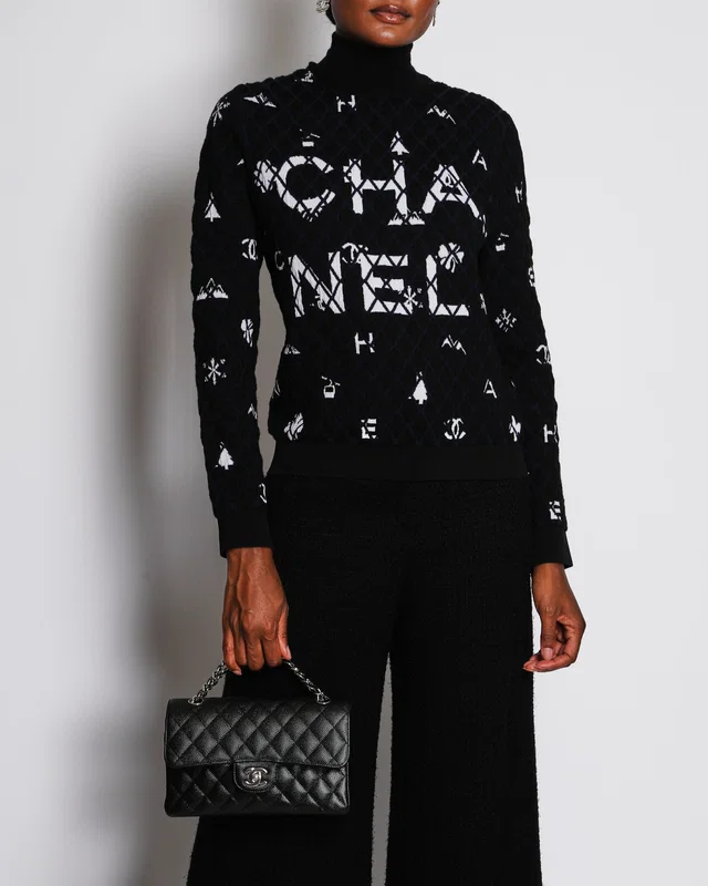 Chanel 19/B Black High-Neck Quilted CC Long Sleeve Jumper Size FR 38 (UK 10) in Black from Sellier