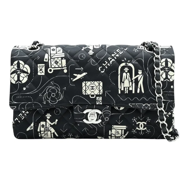 Chanel 2016 Nylon Airline Classic Flap Chain Bag 25cm Black/White in Black Nylon from VINTAGE QOO TOKYO