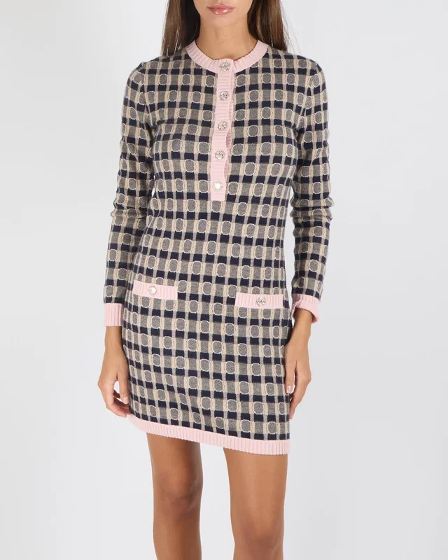 Chanel 21K Beige, Navy and Pink Cashmere Blend Mini Dress with Gold and Crystal CC Logo Buttons Size… in Beige Cashmere from Sellier