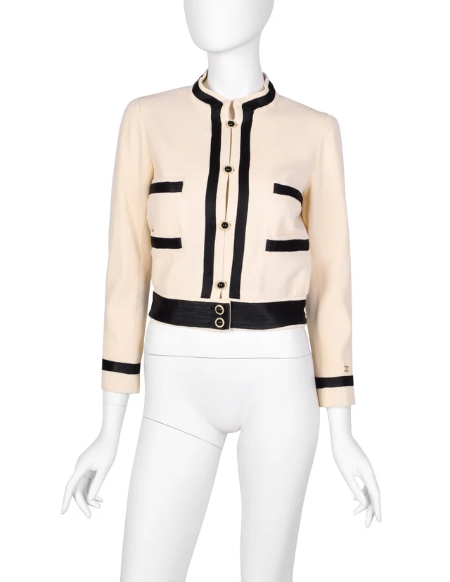 Chanel Vintage SS 2002 Cream Wool Black Silk Cropped Jacket in Black Silk from Amarcord Vintage Fashion