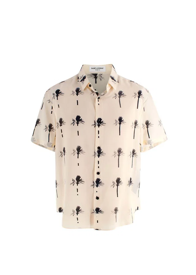 Saint Laurent Cream Palm Tree Print Silk Shirt in White Silk from HEWI