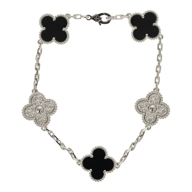 Van Cleef & Arpels Vintage Alhambra 5 Motif Bracelet Onyx Diamonds and 18K White Gold in White from Madison Avenue Couture
