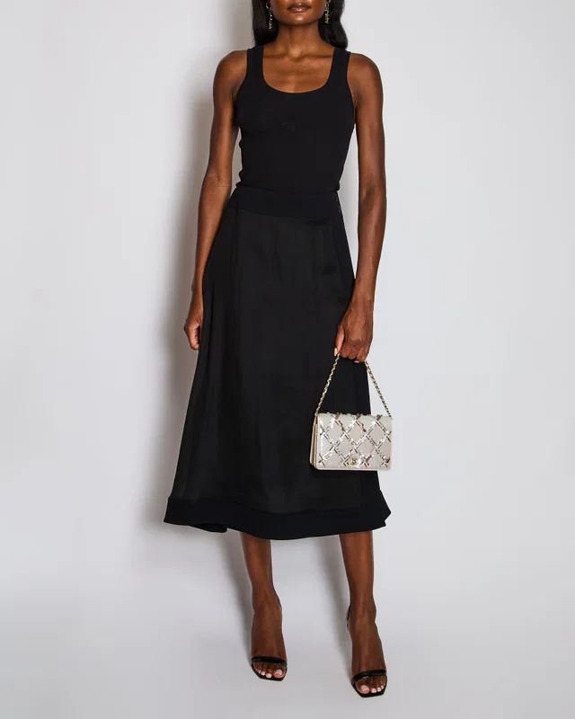 Chanel 02/P Navy and Black Silk Midi Skirt with CC Button Detail Size FR 40 (UK 12) in Black Silk from Sellier