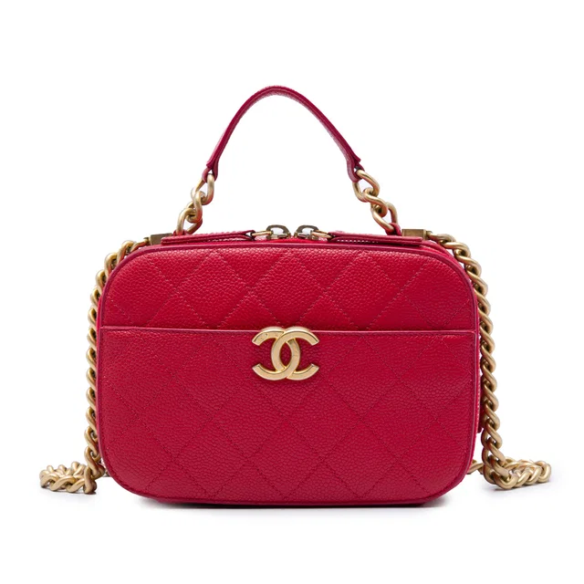 Red Chanel Small CC Quilted Caviar Top Handle Camera Bag Satchel in Red Caviar leather from Designer Revival