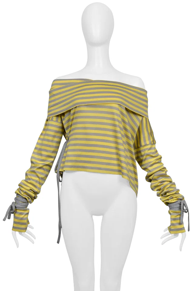 Dolce & Gabbana Yellow & Grey Striped Cold Shoulder Top With Ties 2003 in Grey from Resurrection Vintage