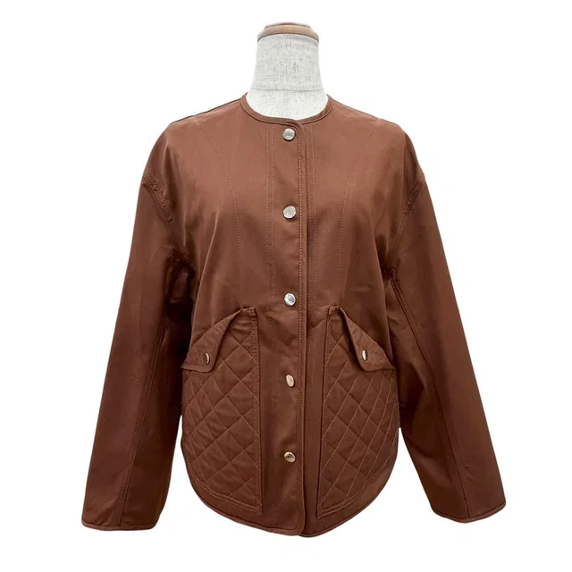 Hermès Cotton Silver Sellier Buttons Collarless Jacket Brown 36 in Brown from The Reluxe