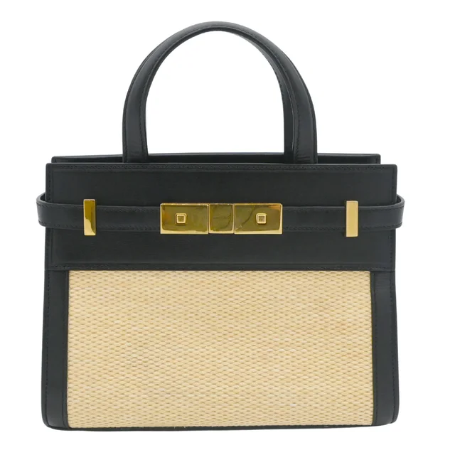 Saint Laurent Manhattan Nano Black Leather & Raffia Top Handle Bag in Black Raffia from Clotheshorse Anonymous