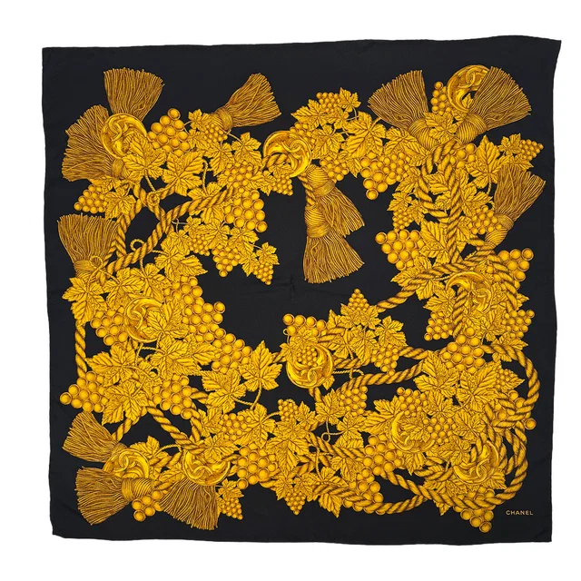 Chanel Vintage Cocomark Grapes Rope Pattern Scarf Black Gold Silk in Black Silk from Luxury Promise