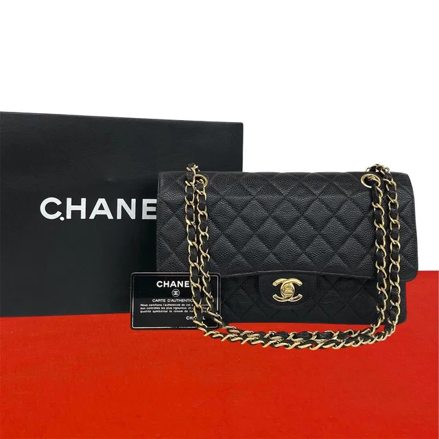 Chanel Quilted CC Logo Double Flap Caviar Leather Shoulder Bag Black in Black Caviar leather from The Reluxe