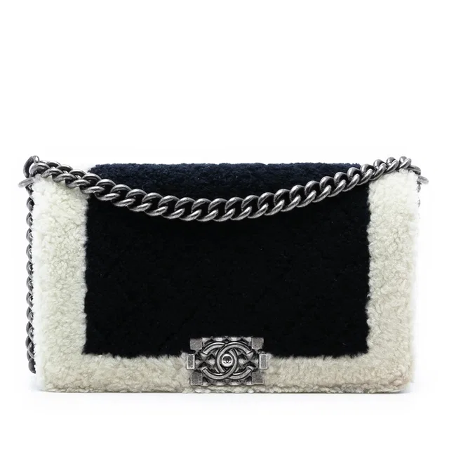 Black Chanel Old Medium Bicolor Shearling Boy Flap Crossbody Bag in Black Leather from Designer Revival