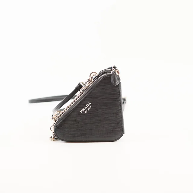 Prada Mini Triangle Crossbody saffiano Pouch Black in Black Saffiano leather from The Purse Affair