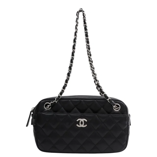 Chanel Matelassé Stitch CC Mark Plate Chain Shoulder Bag, Black, Circa 2008 in Black Lambskin from VINTAGE QOO TOKYO