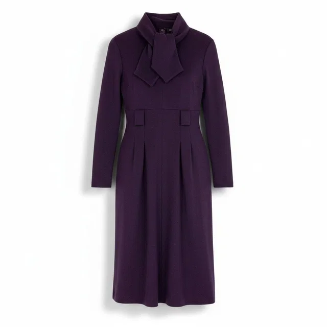 Chanel Wool Dress Long Sleeve Long Bow Tie Ribbon Purple 40 in Purple Wool from The Reluxe