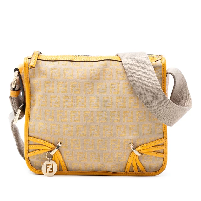 Beige Fendi Zucchino Canvas F Charm Crossbody in Beige Canvas from Designer Revival