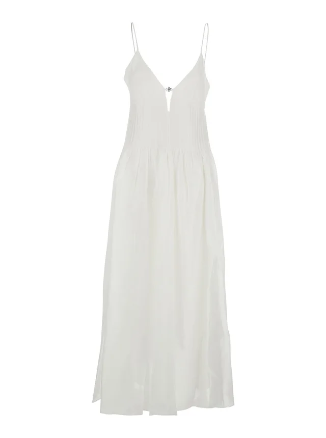 TORY BURCH Long Sleeveless Dress with V-Neck and Logo Plate on the Neck in Linen and Silk Blend White Women in White 70% Linen 30% Silk, photo 2 of 6 from Gaudenzi Boutique