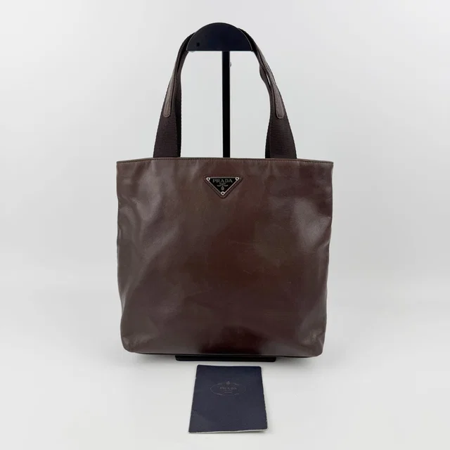 Prada Triangle Logo Tote Bag Leather Brown Vintage in Brown Leather from The Reluxe