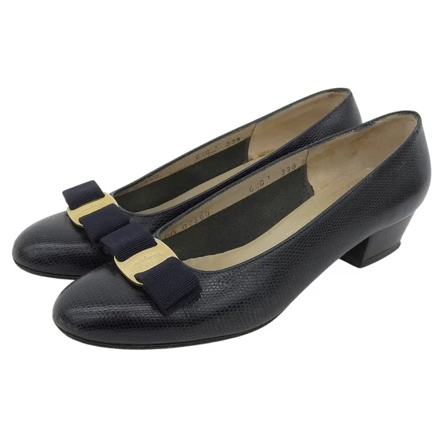 Ferragamo Lizard Embossed Vara Bow Pumps #6 1/2 Navy in Navy Lizard from VINTAGE QOO TOKYO
