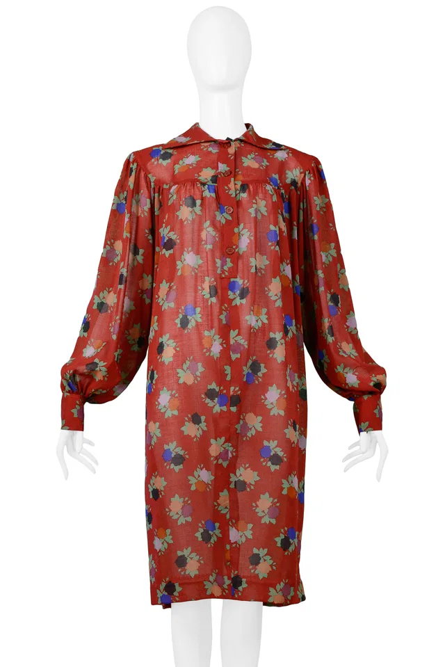 Saint Laurent Red Floral Smock Dress in Red Silk from Resurrection Vintage