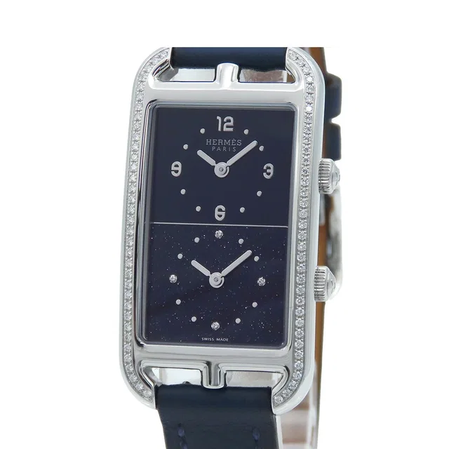 Hermès Nantucket Dual Time NA 3.230 Blue SS Leather Diamond Watch in Blue Leather from The Reluxe