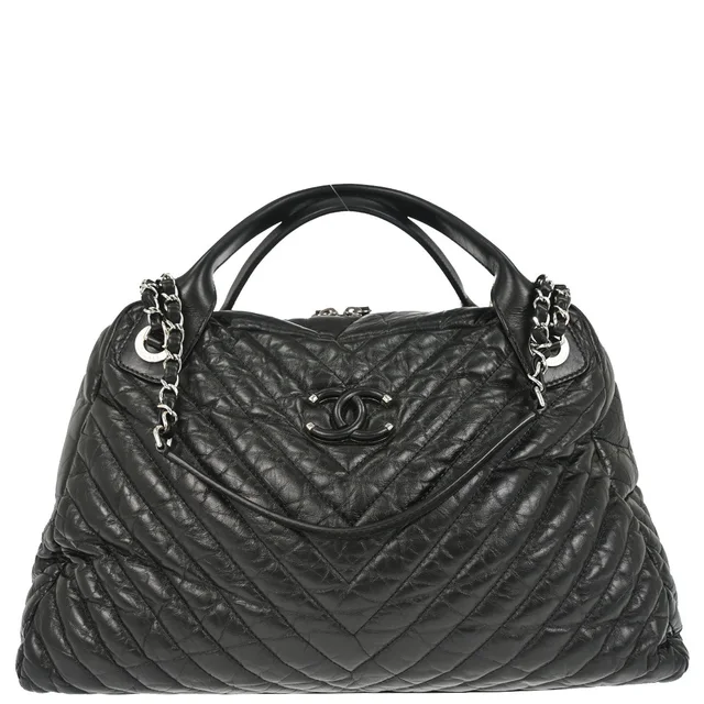 Chanel 2018 Black Calfskin Chevron Soft Bowling Bag Handbag in Black Calfskin from AMORE Vintage Tokyo