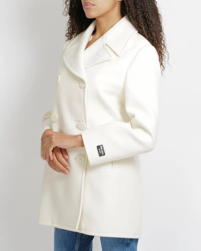 Prada Cream Wool Double-Breasted Coat with Logo Buttons and Black Logo Patch Detail Size IT 38 (UK 6) in Black Wool from Sellier