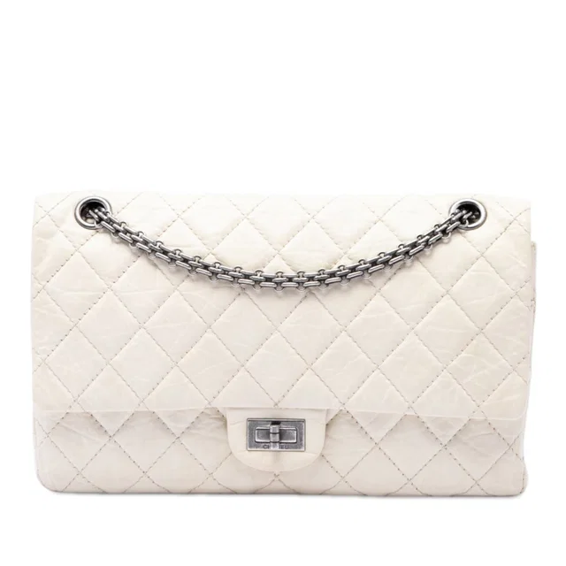 White Chanel Quilted Aged Calfskin Reissue 2.55 Double Flap 226 Shoulder Bag in White Calfskin from Designer Revival