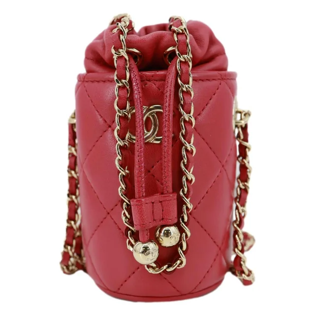 Chanel CC Micro Quilted Lambskin Leather Drawstring Bucket Bag Red in Red Lambskin from Dallas Designer Handbags