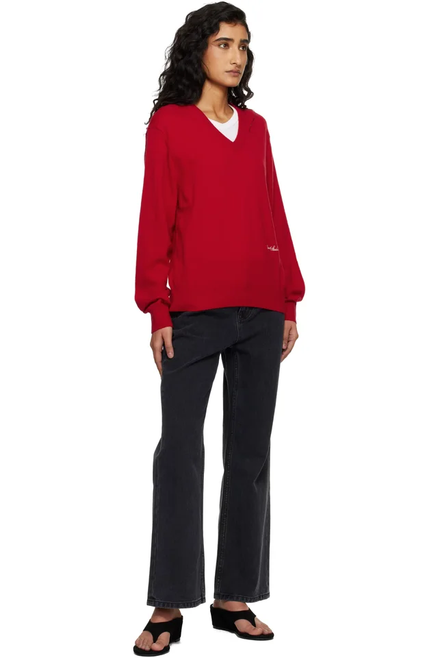 Dunst Red Soft V-Neck Sweater, photo 4 of 4 from SSENSE