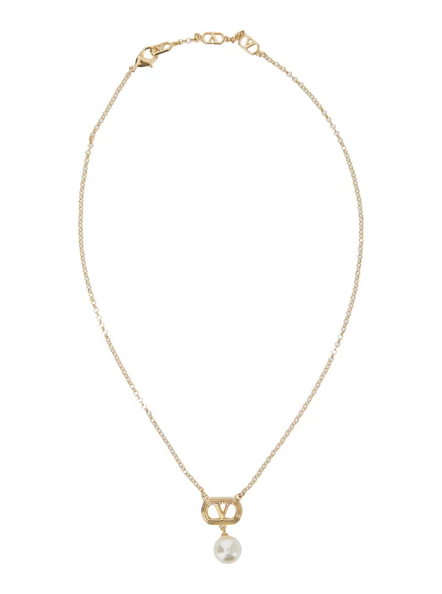 Valentino Garavani Vlogo Charm With Pearl Necklace — Gold Brass Necklaces in Gold from HEWI