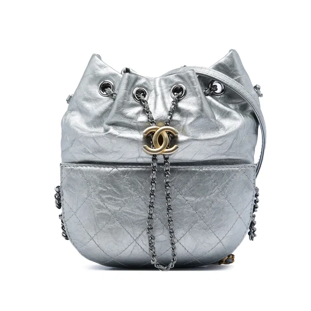 Silver Chanel Small Quilted Metallic Aged Calfskin Gabrielle Bucket Bag in Silver Calfskin from Designer Revival