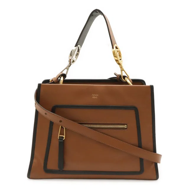Fendi Run Away Small Shoulder Bag 2-Way Leather Brown Black Gold Silver in Black Leather from The Reluxe