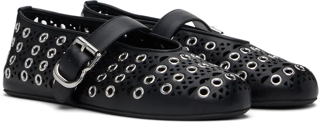 ALAÏA Black Vienne Lambskin Eyelets Ballerina Flats, photo 4 of 8 from SSENSE