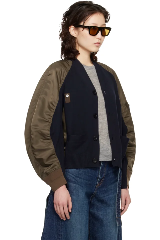 sacai Green & Navy Nylon Twill Knit Cardigan, photo 2 of 4 from SSENSE
