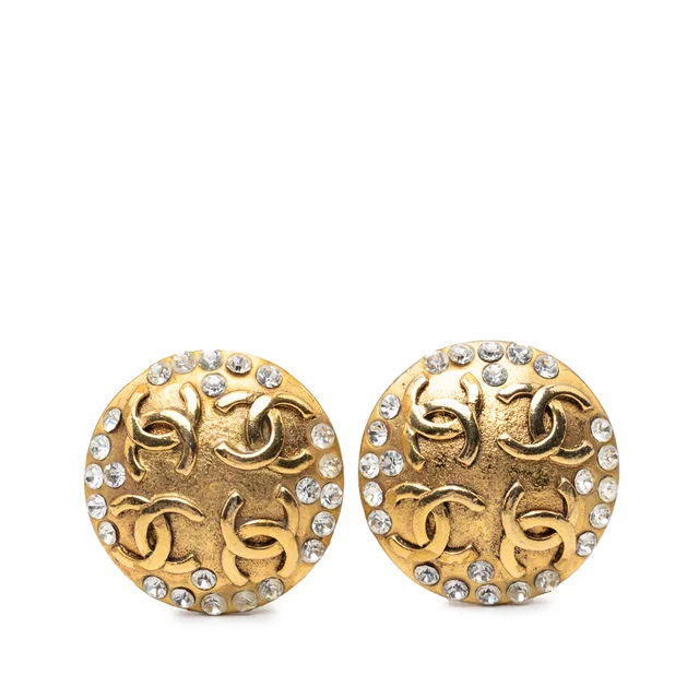 Gold Chanel CC Gold Plated Strass Round Clip On Earrings in Gold from Designer Revival
