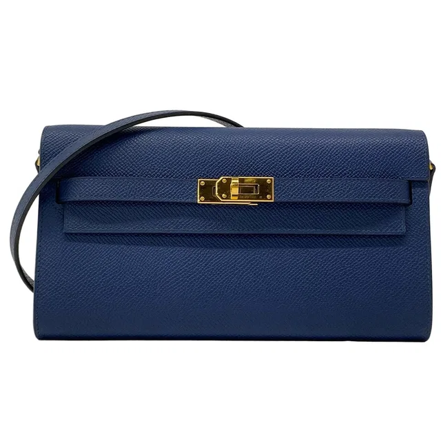 Hermès Wallet Kelly Long Tougo Blue Navy Shoulder Gold in Navy Epsom leather from The Reluxe