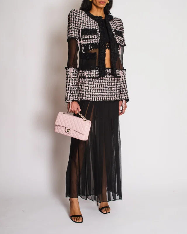 Balmain Pink Tweed Glitter Checkered Jacket with Silk Panel and Matching Skirt Set Size FR 36 (UK 8) in Pink Tweed from Sellier