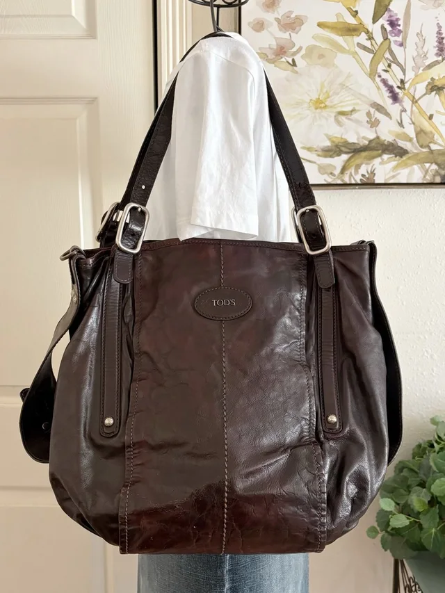 Tod's Brown Distressed Leather Large Hobo Tote Shoulder Bag Made In Italy in brown|red Leather from Poshmark