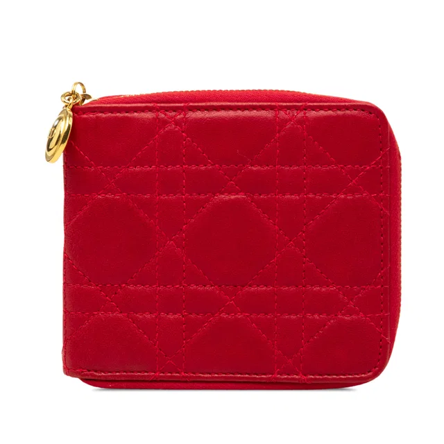 Red Dior Lambskin Cannage Lady Dior Zip Around Compact Wallet Small Wallets in Red Lambskin from Designer Revival