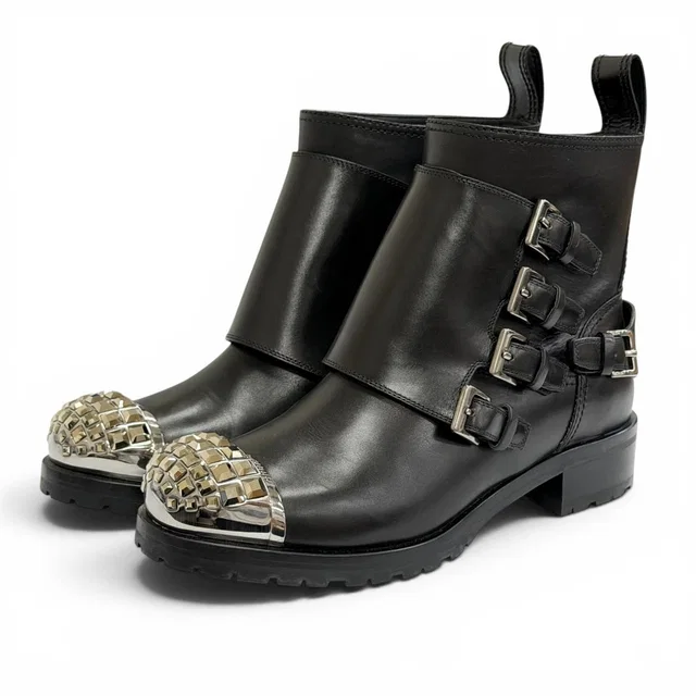 Miu Miu Square Studs Logo Cap Toe Leather Biker Boots Black in Black Leather from The Reluxe