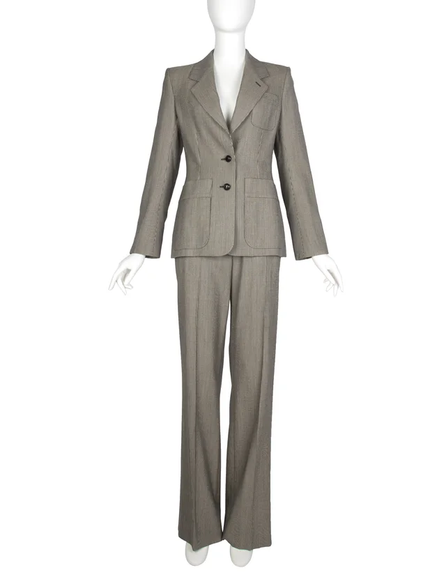Saint Laurent by Tom Ford Vintage c.2003 Black and Beige Houndstooth Wool Jacket and Pant Suit in Black Wool from Amarcord Vintage Fashion