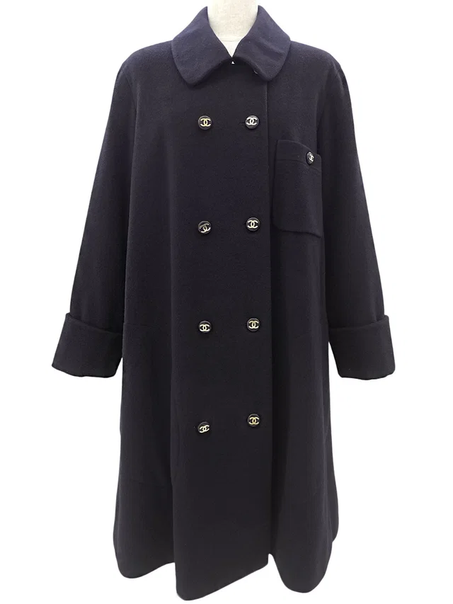 Chanel 1993 Cashmere CC Mark Button Long Coat #40 Navy in Navy Cashmere from VINTAGE QOO TOKYO