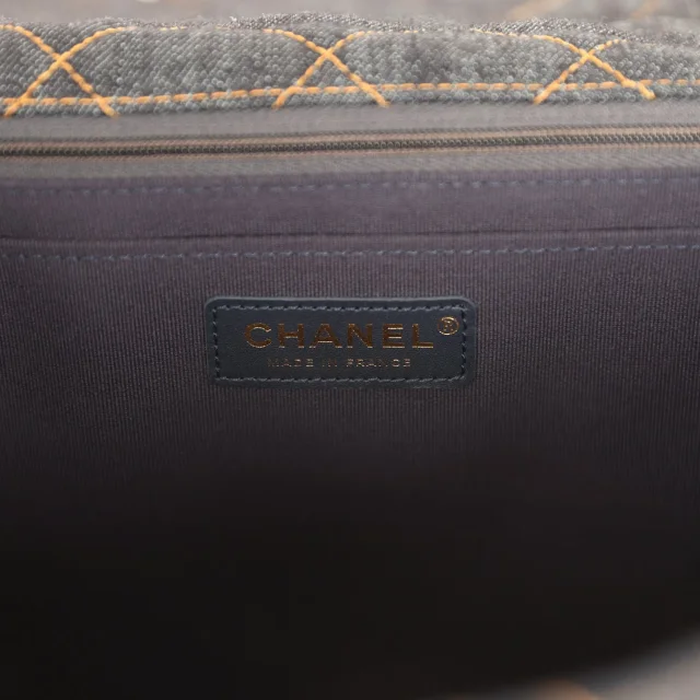 Chanel XXL Classic Single Travel Flap Bag Dark Blue Denim Brushed Gold Hardware in Blue Denim from Madison Avenue Couture, photo 9 of 10