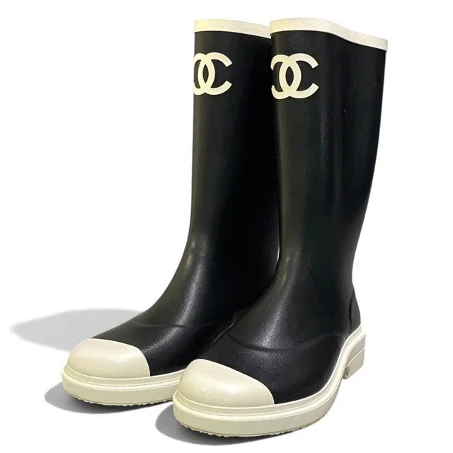 Chanel I2 Rubber Rain Boots Long CC Logo Black White in Black from The Reluxe