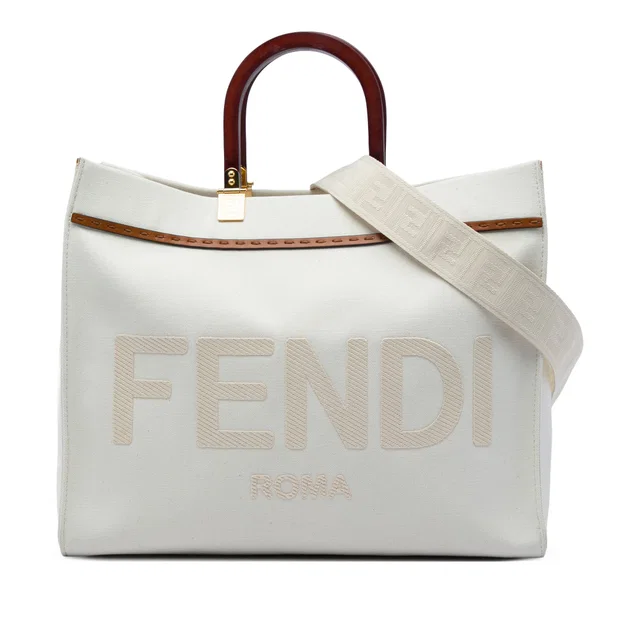 Brown Fendi Medium Canvas Sunshine Shopper Tote Satchel in Brown Canvas from Designer Revival