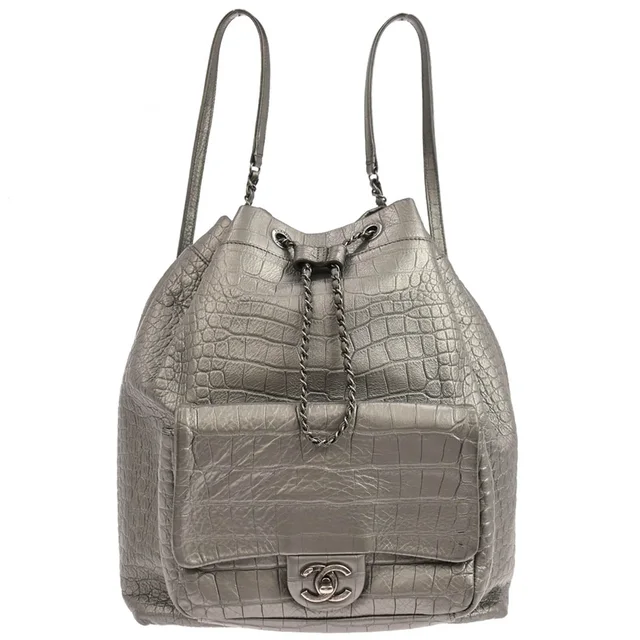 Chanel 2019 Silver Embossed Leather Backpack in Silver Leather from AMORE Vintage Tokyo