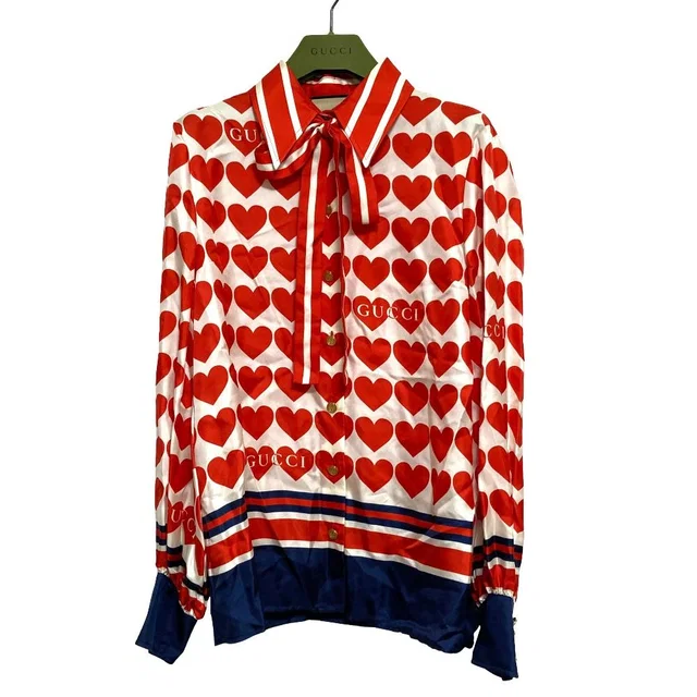 Gucci Heart Print Silk Blouse with Bow Tie 36 in Silk from The Reluxe
