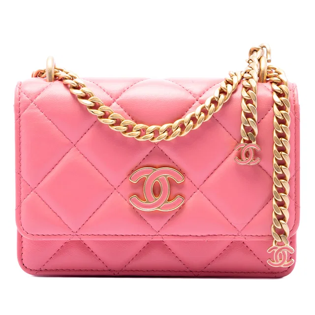 Pink Chanel Mini Quilted Lambskin Pending CC Wallet On Chain Crossbody Bag in Pink Lambskin from Designer Revival